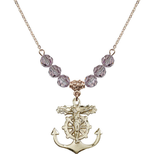 14kt Gold Filled Anchor Crucifix Birthstone Necklace with Light Amethyst Beads - 5685