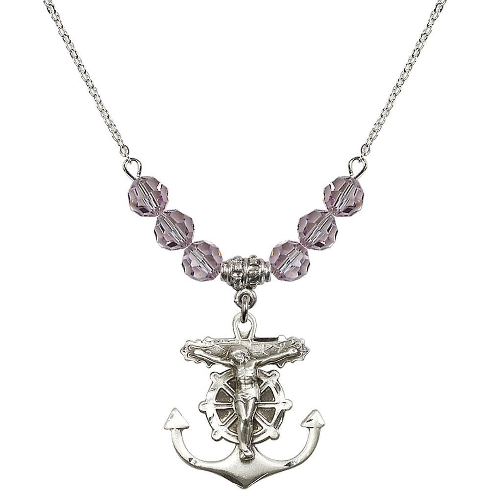 Sterling Silver Anchor Crucifix Birthstone Necklace with Light Amethyst Beads - 5685