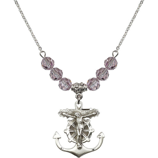 Sterling Silver Anchor Crucifix Birthstone Necklace with Light Amethyst Beads - 5685