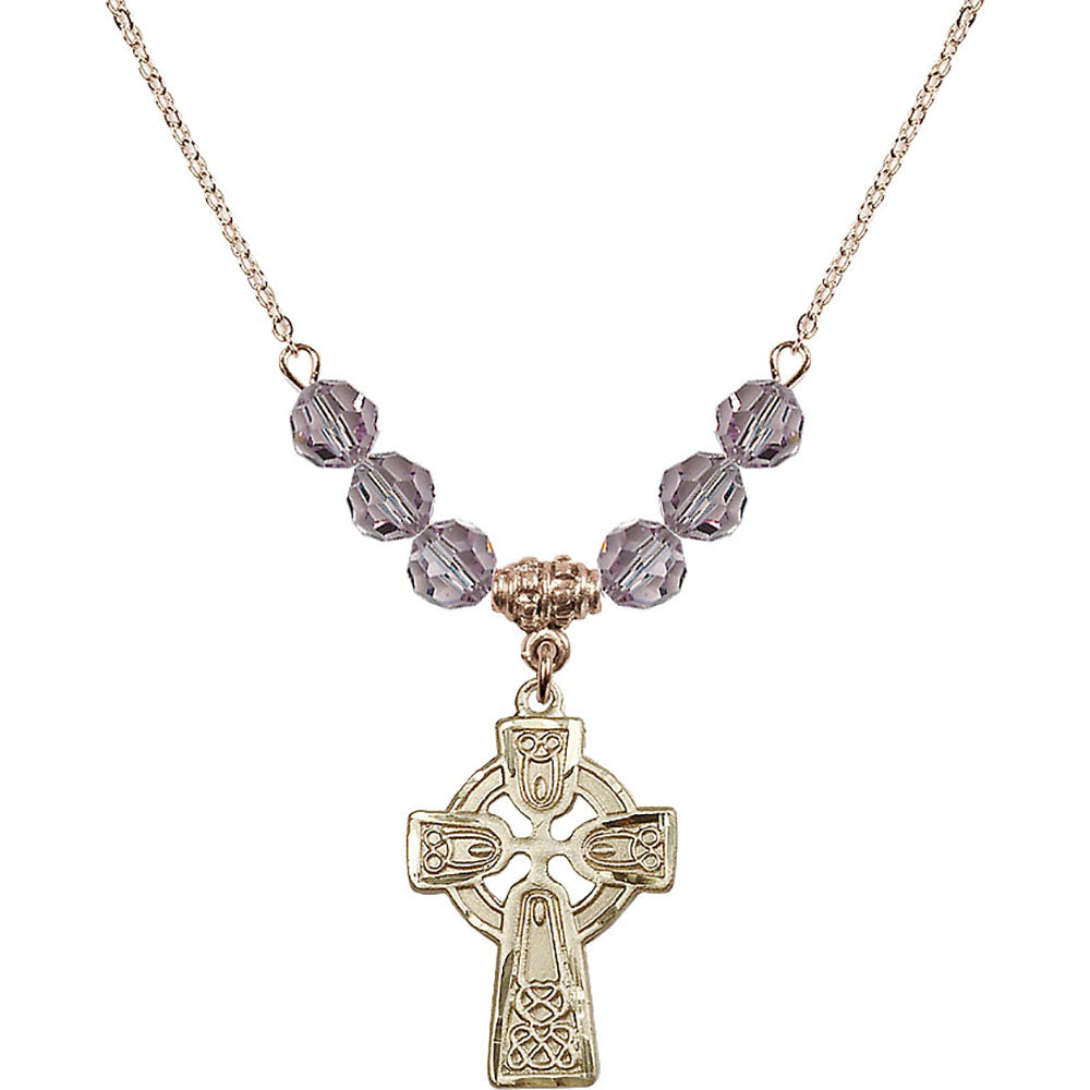 14kt Gold Filled Celtic Cross Birthstone Necklace with Light Amethyst Beads - 5689