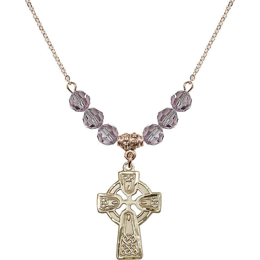 14kt Gold Filled Celtic Cross Birthstone Necklace with Light Amethyst Beads - 5689