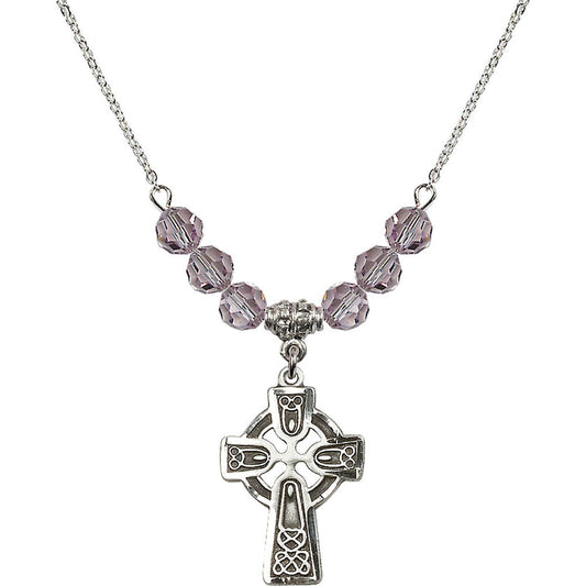 Sterling Silver Celtic Cross Birthstone Necklace with Light Amethyst Beads - 5689