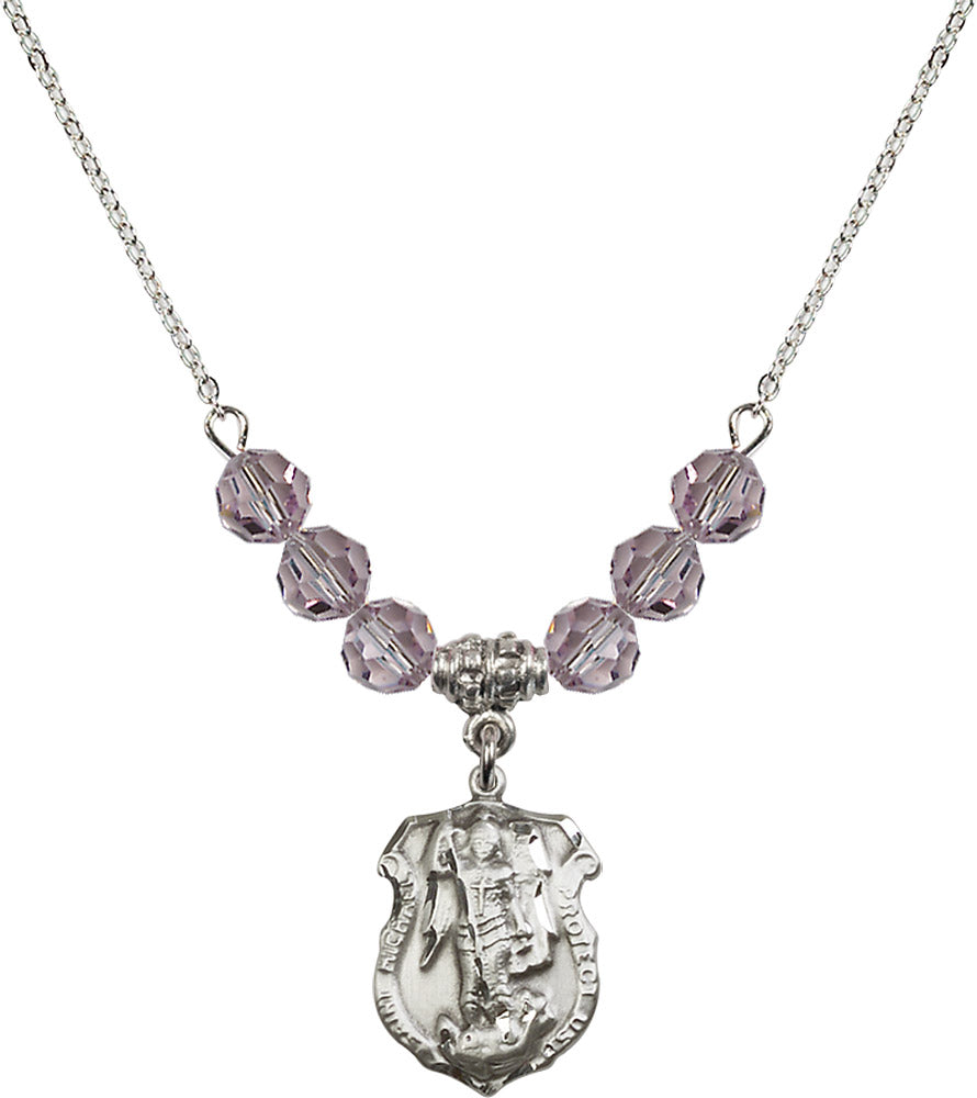 Sterling Silver Saint Michael the Archangel Birthstone Necklace with Light Amethyst Beads - 5692