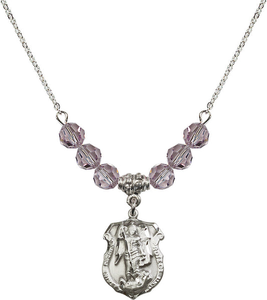 Sterling Silver Saint Michael the Archangel Birthstone Necklace with Light Amethyst Beads - 5692