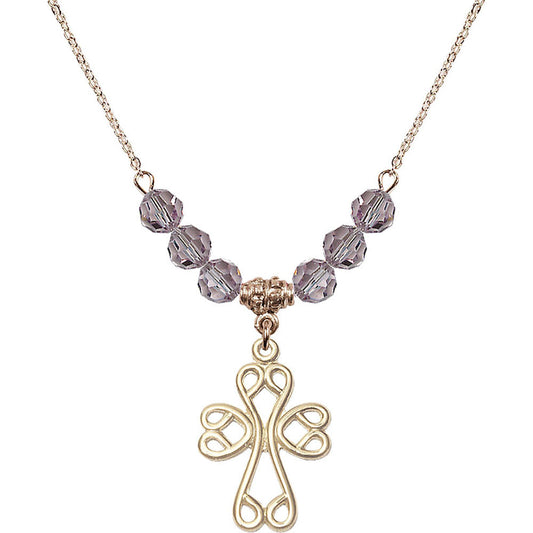 14kt Gold Filled Scroll Cross Birthstone Necklace with Light Amethyst Beads - 5998