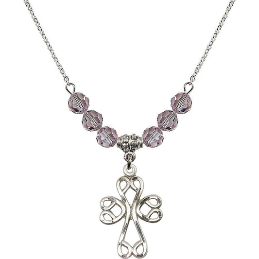 Sterling Silver Scroll Cross Birthstone Necklace with Light Amethyst Beads - 5998