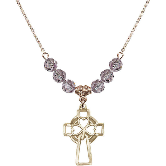 14kt Gold Filled Shamrock Cross Birthstone Necklace with Light Amethyst Beads - 5999