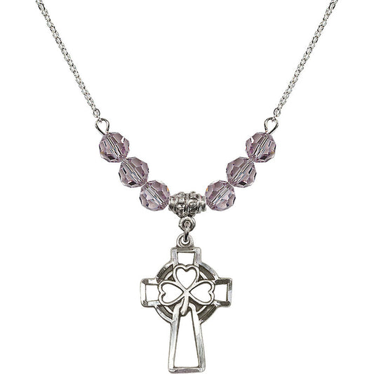 Sterling Silver Shamrock Cross Birthstone Necklace with Light Amethyst Beads - 5999