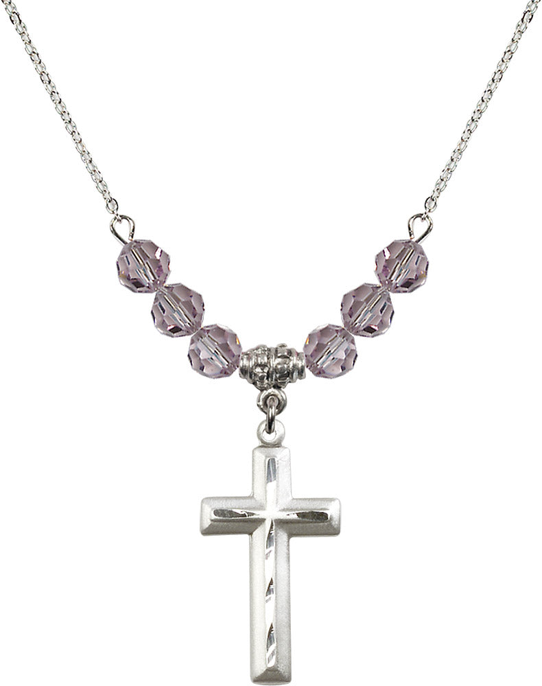 Sterling Silver Cross Birthstone Necklace with Light Amethyst Beads - 6000