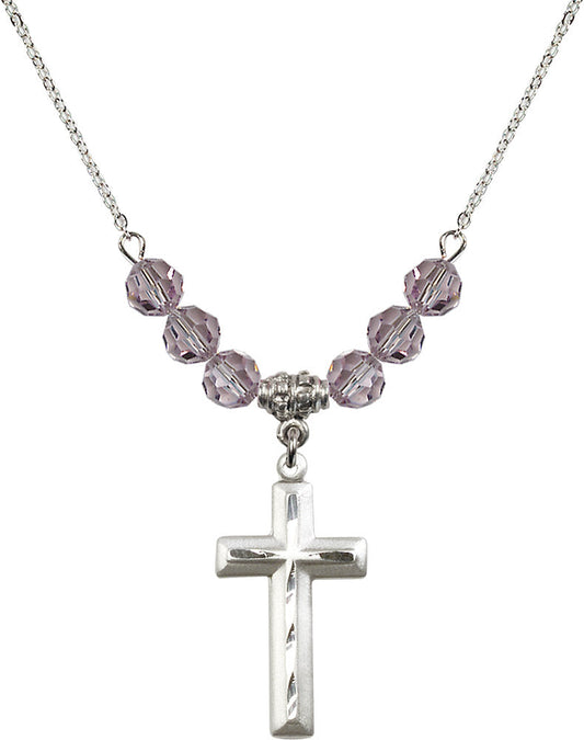 Sterling Silver Cross Birthstone Necklace with Light Amethyst Beads - 6000