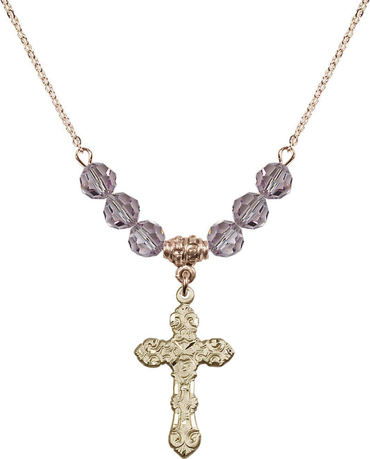 14kt Gold Filled Cross Birthstone Necklace with Light Amethyst Beads - 6001