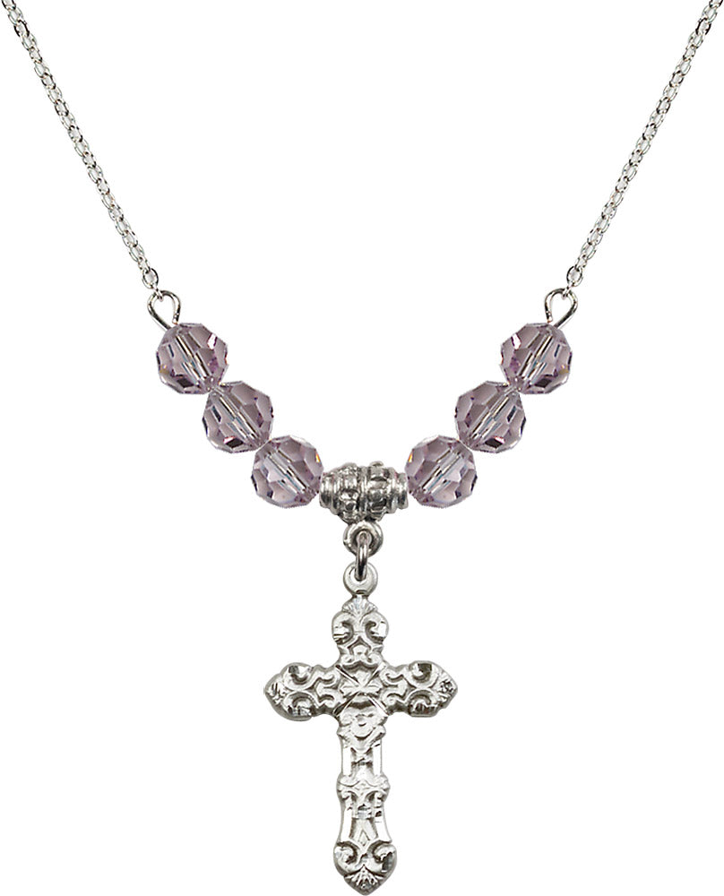 Sterling Silver Cross Birthstone Necklace with Light Amethyst Beads - 6001