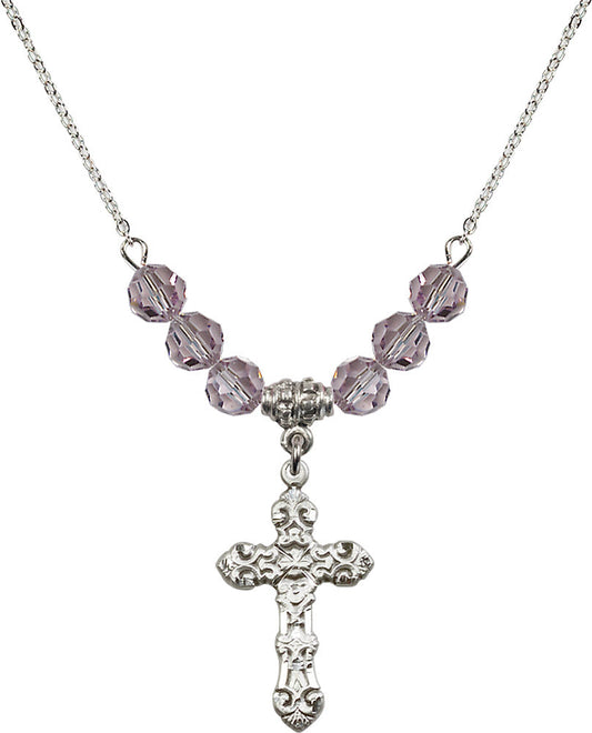 Sterling Silver Cross Birthstone Necklace with Light Amethyst Beads - 6001