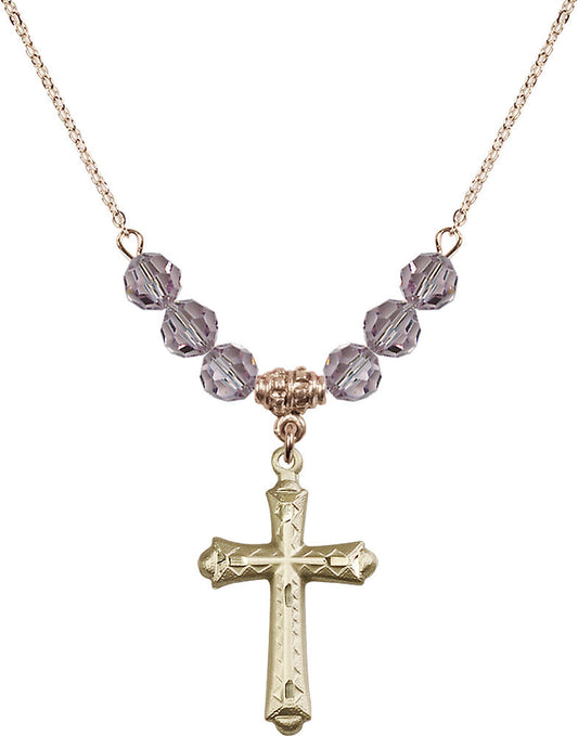 14kt Gold Filled Cross Birthstone Necklace with Light Amethyst Beads - 6007