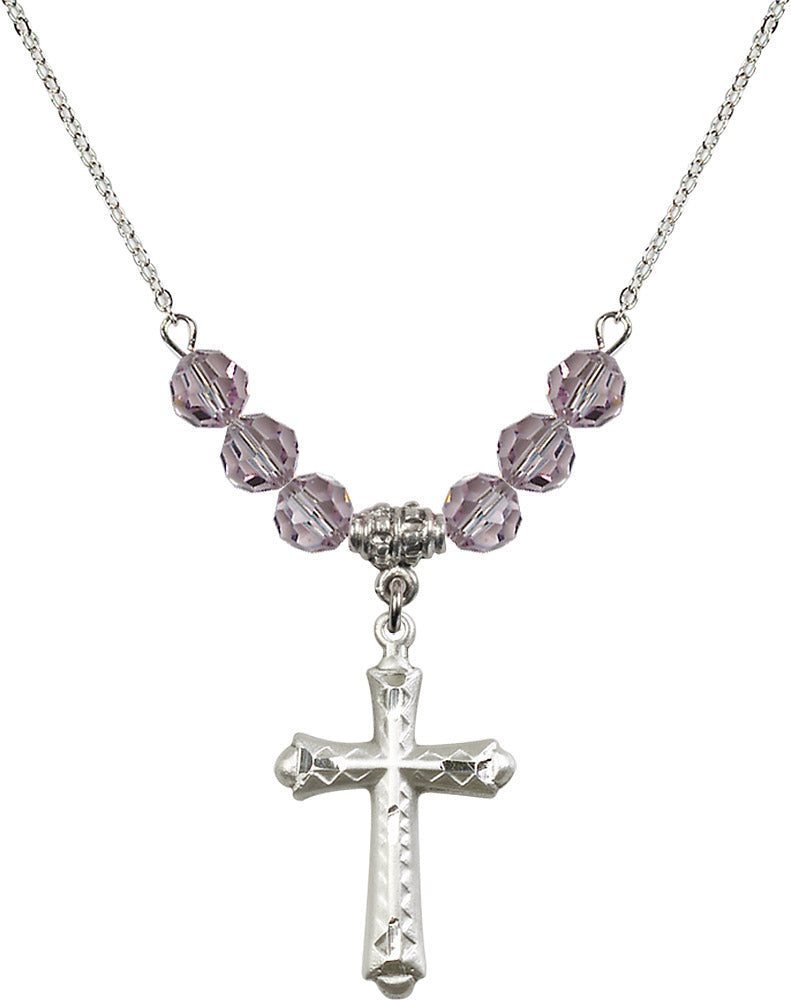 Sterling Silver Cross Birthstone Necklace with Light Amethyst Beads - 6007