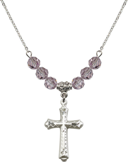 Sterling Silver Cross Birthstone Necklace with Light Amethyst Beads - 6007
