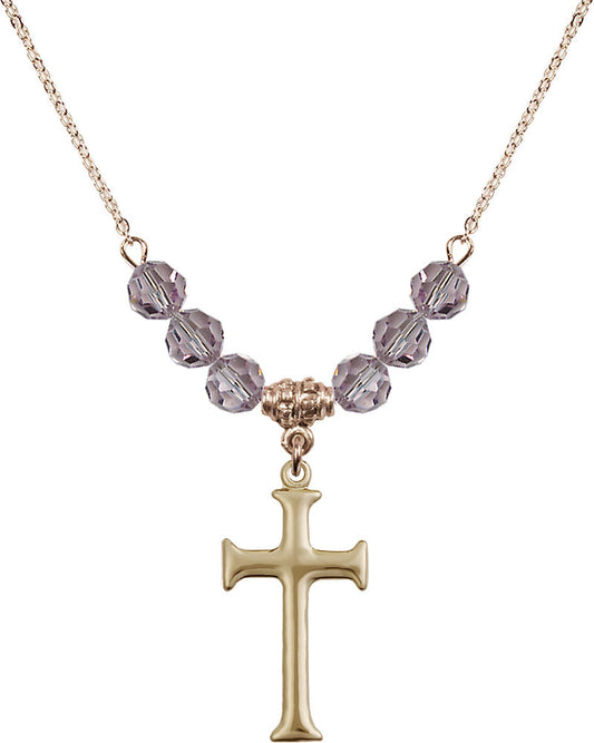 14kt Gold Filled Cross Birthstone Necklace with Light Amethyst Beads - 6008