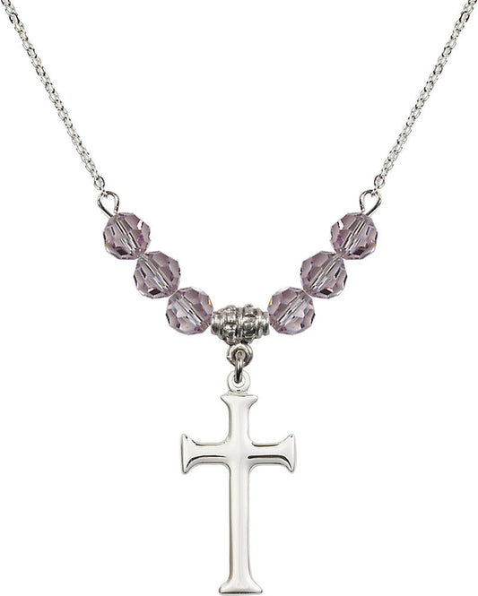 Sterling Silver Cross Birthstone Necklace with Light Amethyst Beads - 6008