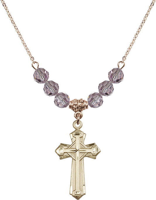 14kt Gold Filled Cross Birthstone Necklace with Light Amethyst Beads - 6012