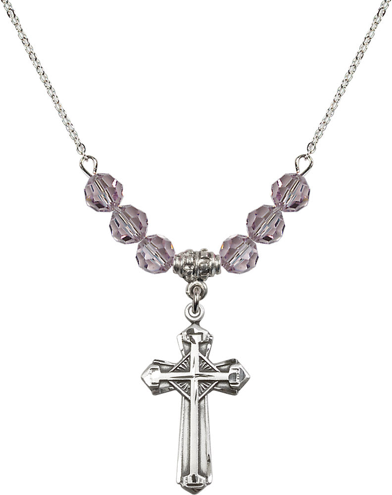 Sterling Silver Cross Birthstone Necklace with Light Amethyst Beads - 6012