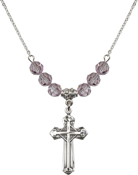 Sterling Silver Cross Birthstone Necklace with Light Amethyst Beads - 6012