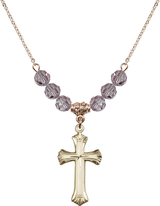 14kt Gold Filled Cross Birthstone Necklace with Light Amethyst Beads - 6013