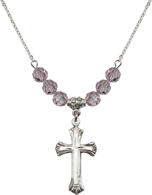 Sterling Silver Cross Birthstone Necklace with Light Amethyst Beads - 6013