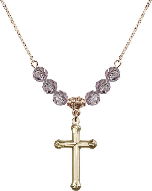 14kt Gold Filled Cross Birthstone Necklace with Light Amethyst Beads - 6022