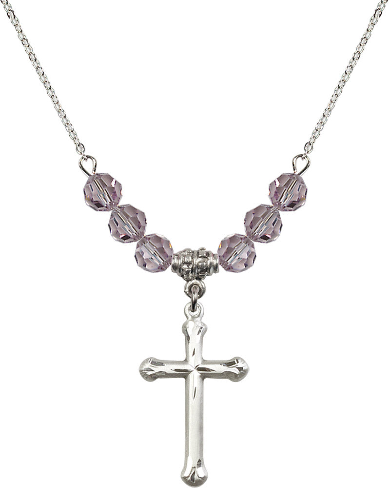 Sterling Silver Cross Birthstone Necklace with Light Amethyst Beads - 6022