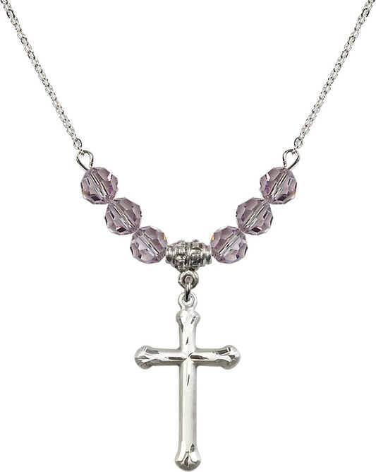 Sterling Silver Cross Birthstone Necklace with Light Amethyst Beads - 6022
