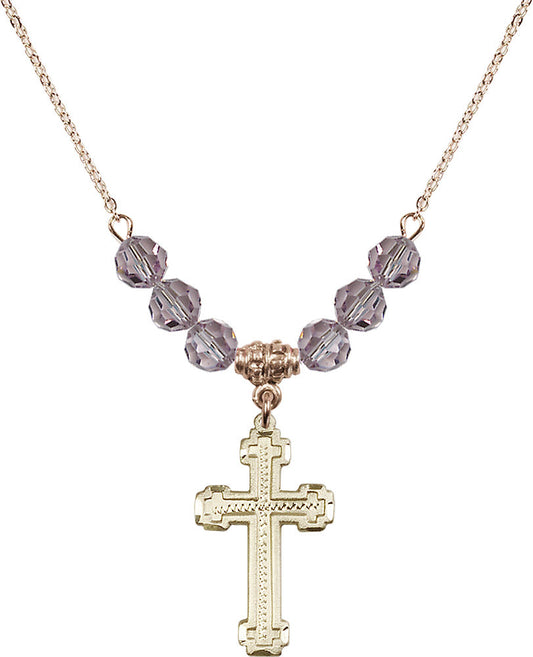 14kt Gold Filled Cross Birthstone Necklace with Light Amethyst Beads - 6039
