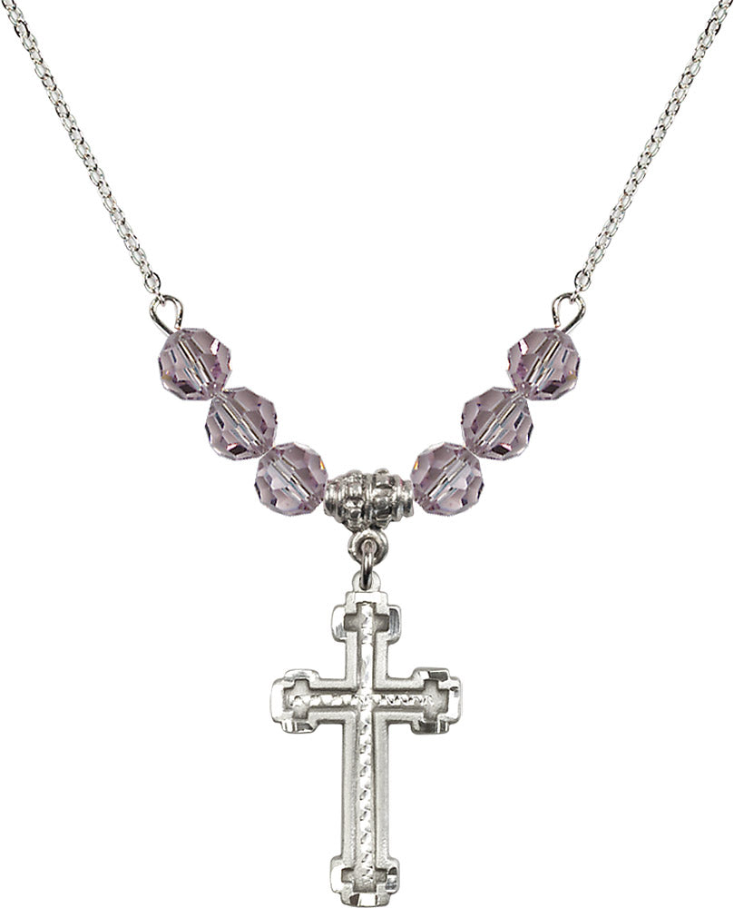 Sterling Silver Cross Birthstone Necklace with Light Amethyst Beads - 6039