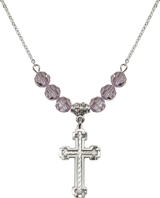 Sterling Silver Cross Birthstone Necklace with Light Amethyst Beads - 6039