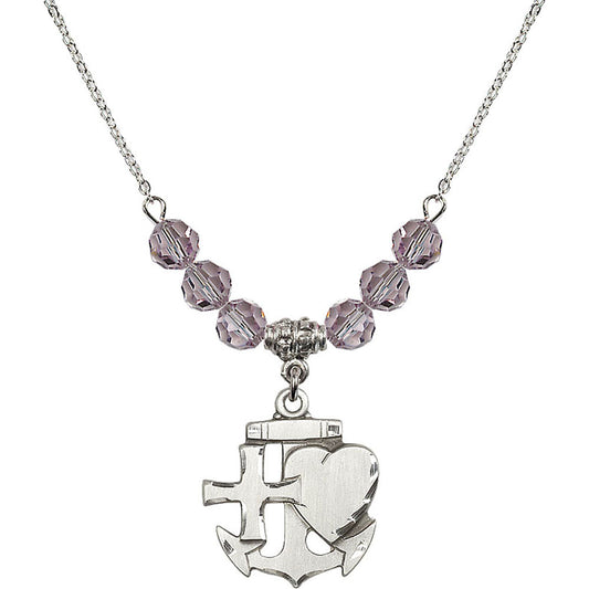 Sterling Silver Faith, Hope & Charity Birthstone Necklace with Light Amethyst Beads - 6045