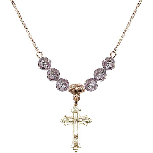 14kt Gold Filled Cross on Cross Birthstone Necklace with Light Amethyst Beads - 6058