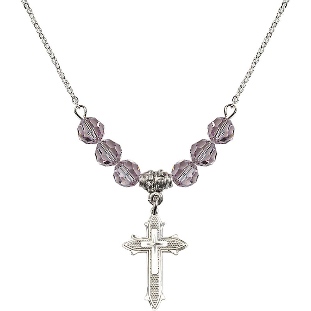 Sterling Silver Cross on Cross Birthstone Necklace with Light Amethyst Beads - 6058