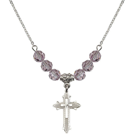 Sterling Silver Cross on Cross Birthstone Necklace with Light Amethyst Beads - 6058