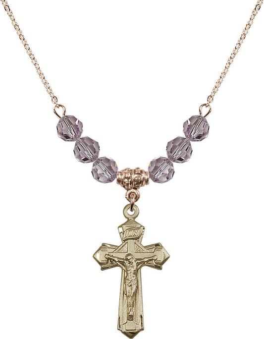 14kt Gold Filled Crucifix Birthstone Necklace with Light Amethyst Beads - 6092