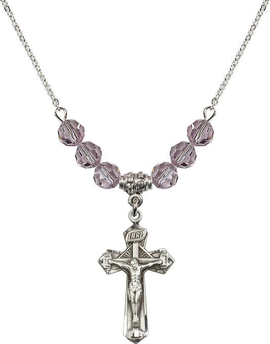 Sterling Silver Crucifix Birthstone Necklace with Light Amethyst Beads - 6092