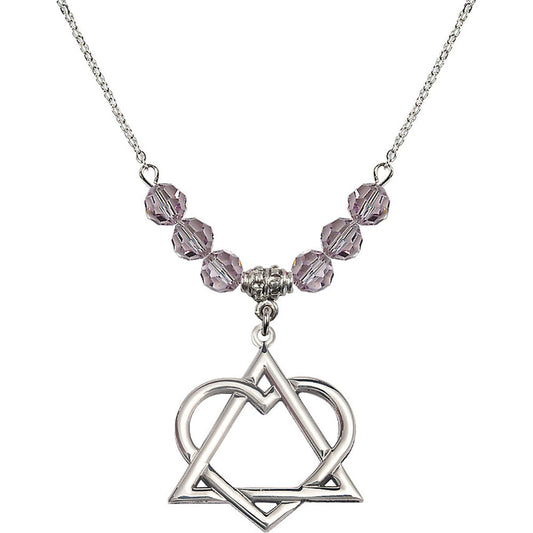 Sterling Silver Adoption Heart Birthstone Necklace with Light Amethyst Beads - 6210