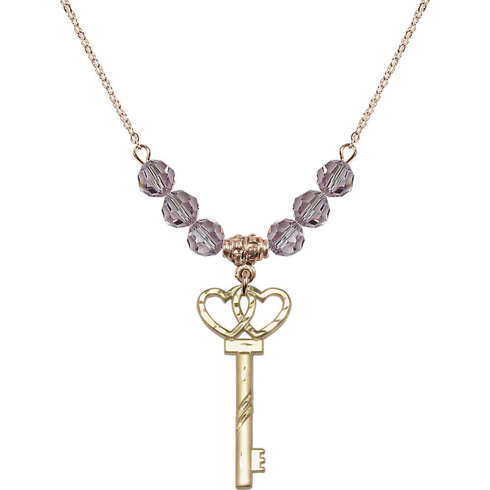 14kt Gold Filled Small Key w/Double Hearts Birthstone Necklace with Light Amethyst Beads - 6213