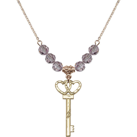 14kt Gold Filled Small Key w/Double Hearts Birthstone Necklace with Light Amethyst Beads - 6213
