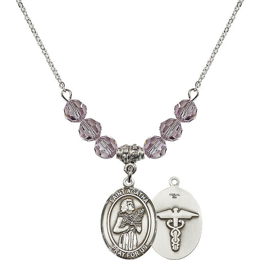 Sterling Silver Saint Agatha / Nurse Birthstone Necklace with Light Amethyst Beads - 8003