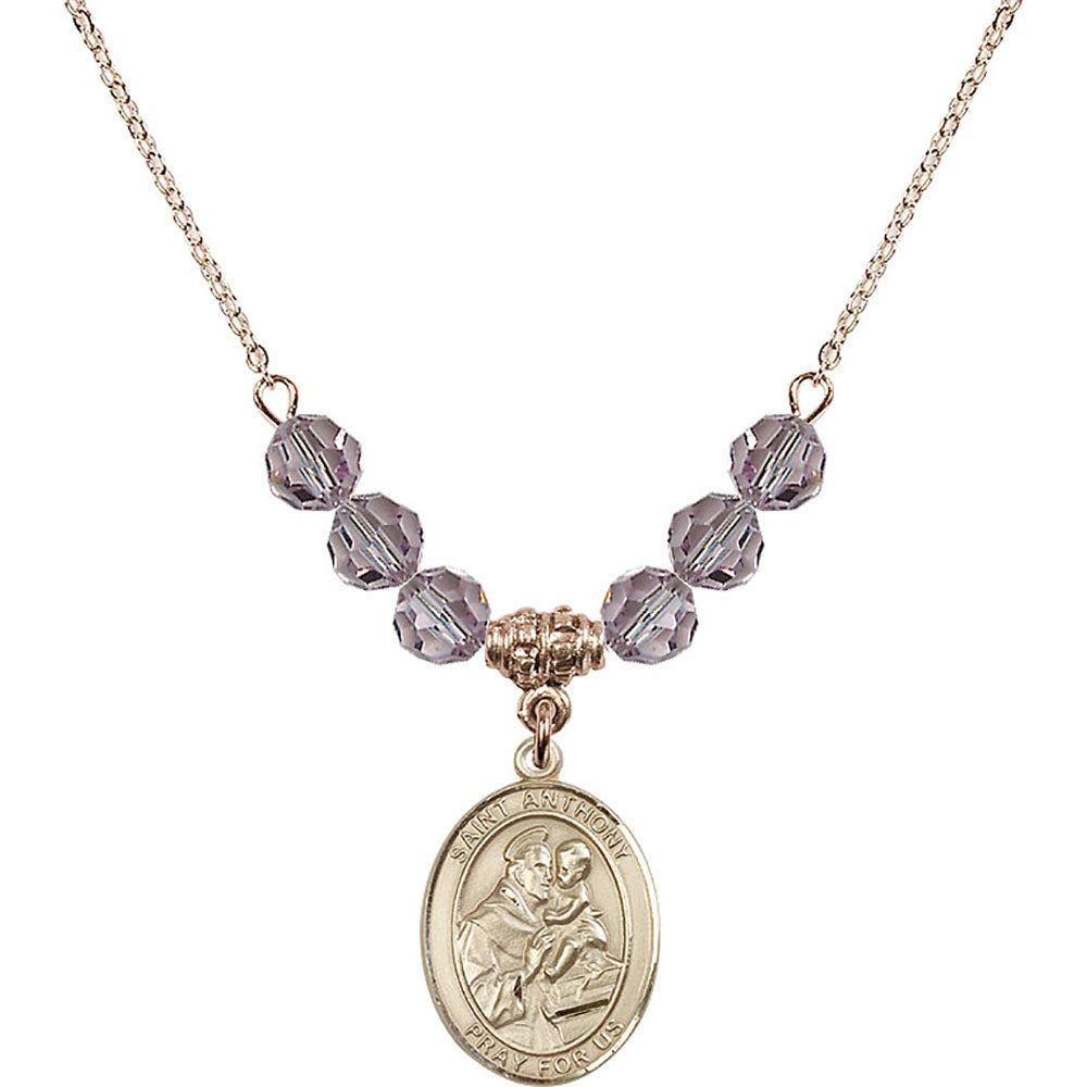 14kt Gold Filled Saint Anthony of Padua Birthstone Necklace with Light Amethyst Beads - 8004