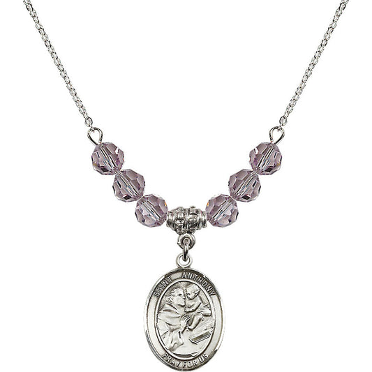 Sterling Silver Saint Anthony of Padua Birthstone Necklace with Light Amethyst Beads - 8004