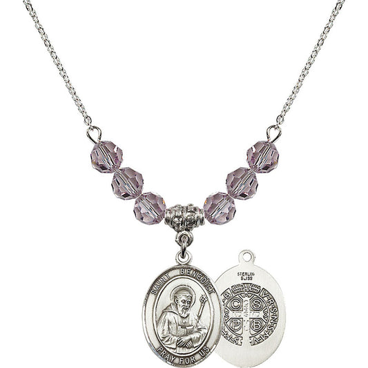 Sterling Silver Saint Benedict Birthstone Necklace with Light Amethyst Beads - 8008