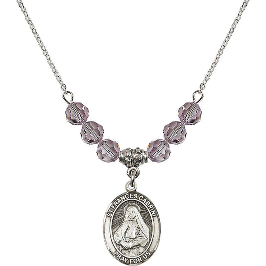 Sterling Silver Saint Frances Cabrini Birthstone Necklace with Light Amethyst Beads - 8011