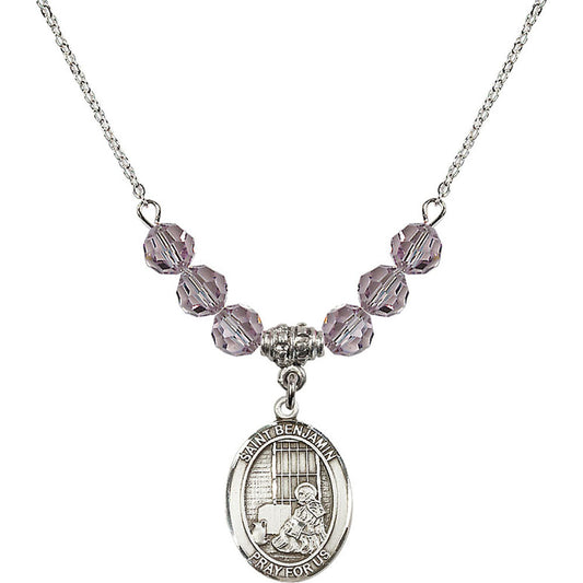 Sterling Silver Saint Benjamin Birthstone Necklace with Light Amethyst Beads - 8013