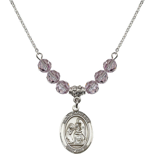 Sterling Silver Saint Catherine of Siena Birthstone Necklace with Light Amethyst Beads - 8014