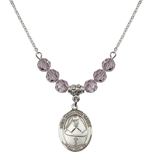 Sterling Silver Saint Katharine Drexel Birthstone Necklace with Light Amethyst Beads - 8015
